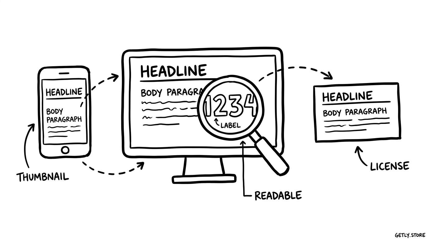 a phone preview, desktop page, and printed card showing the same headline and paragraph, with a magnifying glass over numerals and labels "THUMBNAIL", "READABLE", "LICENSE"