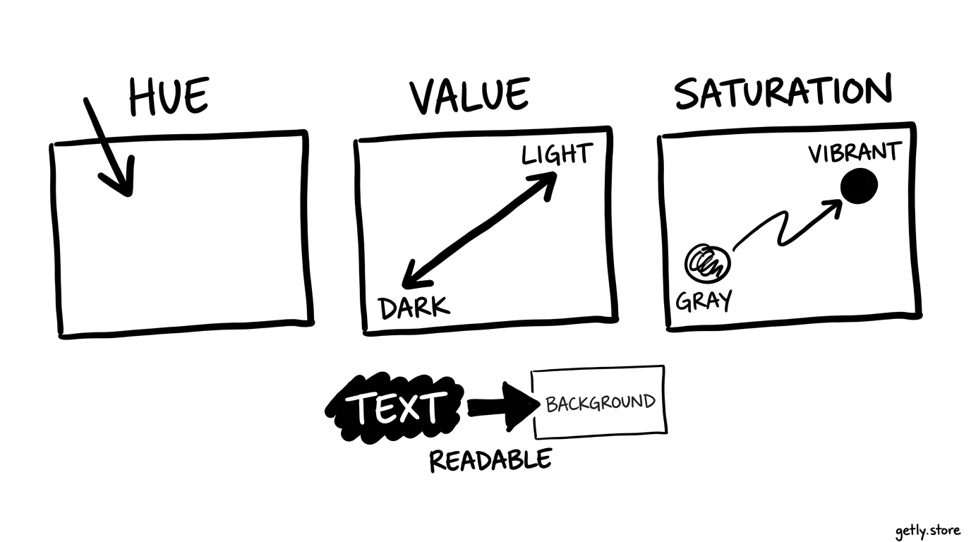 three large color swatches labeled "HUE", "VALUE", "SATURATION", with a dark text sample and a light background sample connected by a contrast arrow labeled "READABLE"