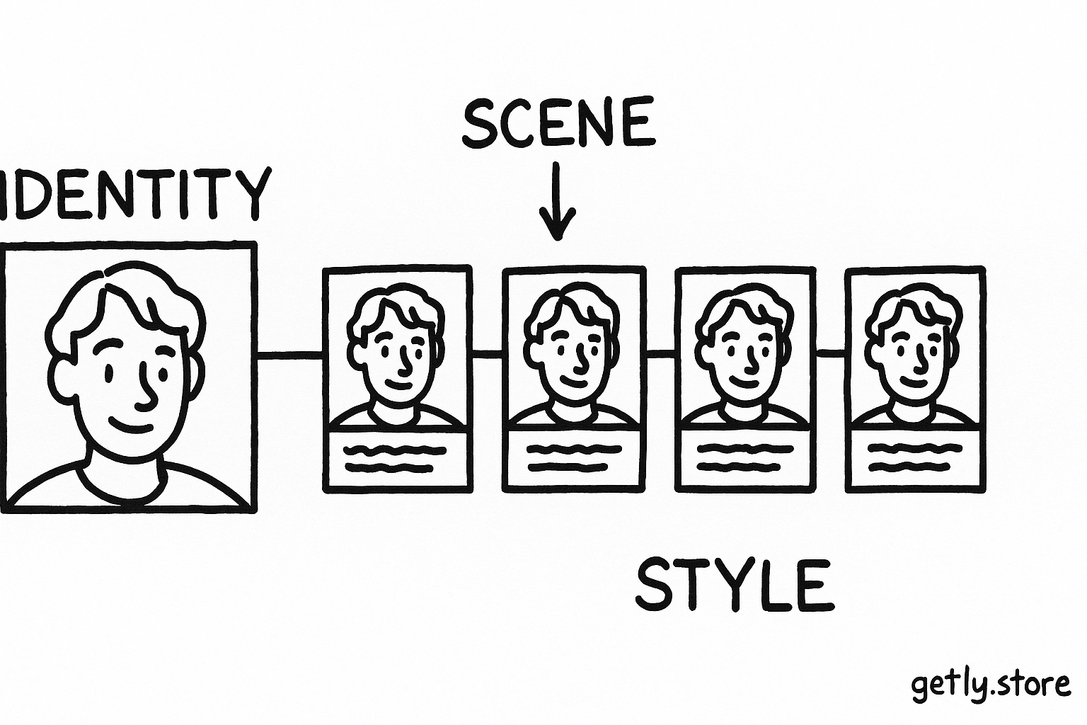 a character sheet beside four prompt cards connected by a straight line, with the same face sketch and repeated text block on each card; labels "IDENTITY", "SCENE", "STYLE"
