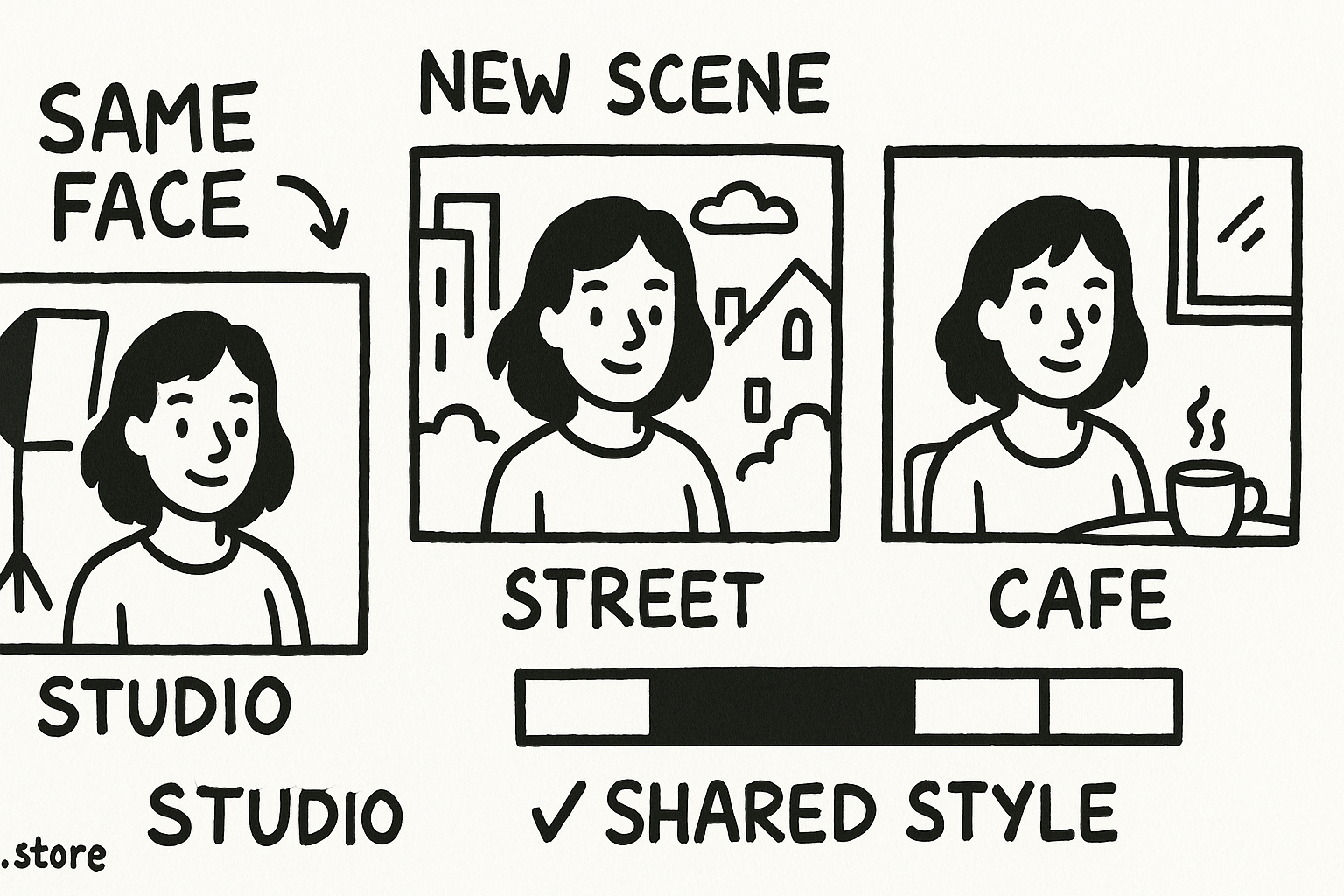 three image frames showing the same character in a studio, street, and cafe, with a shared color swatch strip beneath them; labels "SAME FACE", "NEW SCENE", "SHARED STYLE"