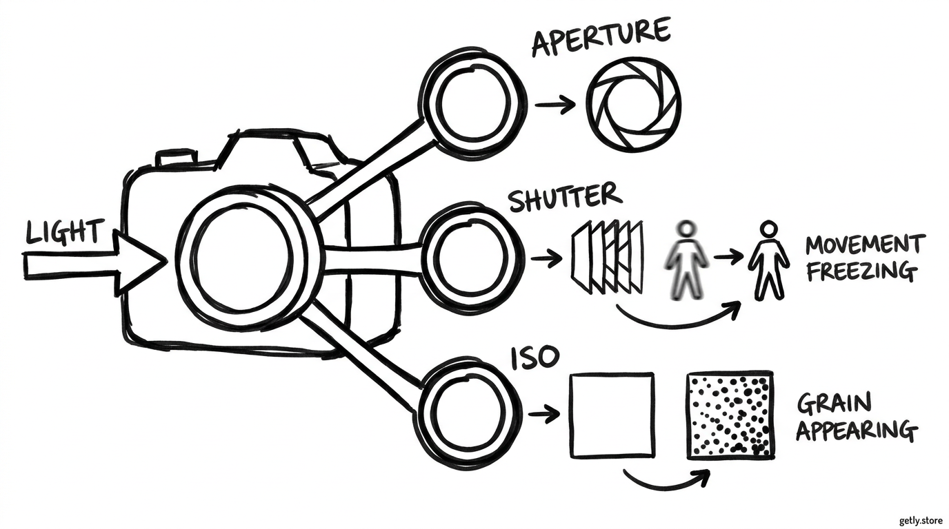 a camera body connected to three large dials labeled "APERTURE", "SHUTTER", and "ISO", with arrows showing light entering the lens, movement freezing, and grain appearing