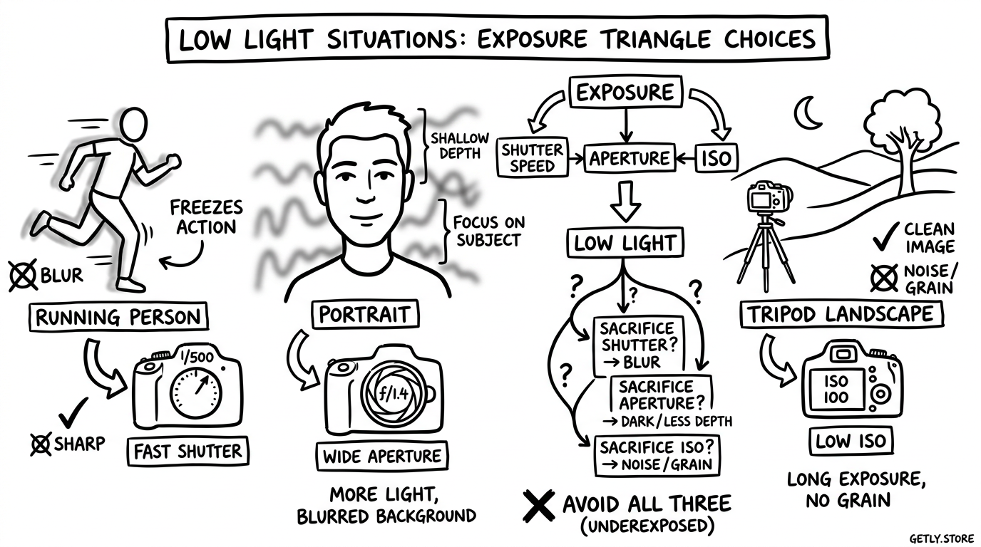 three low-light scenes arranged beside camera settings: a running person beside "FAST SHUTTER", a portrait beside "WIDE APERTURE", and a tripod landscape beside "LOW ISO"