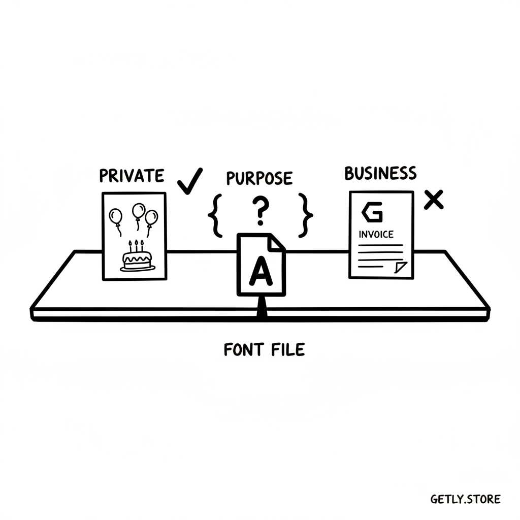 a split desk with a private birthday invitation on one side and a business logo invoice on the other, a font file between them, labels "PRIVATE", "BUSINESS", "PURPOSE"
