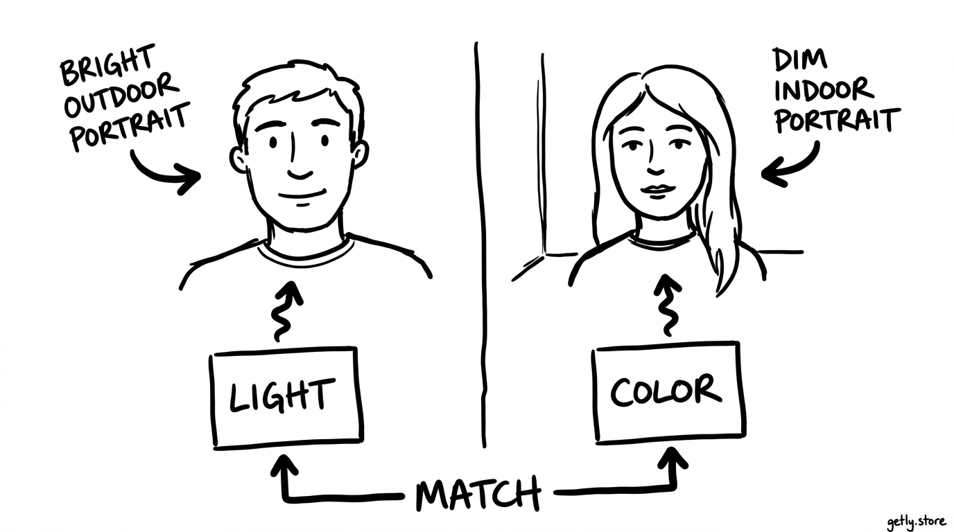 a split-screen sketch with a bright outdoor portrait, a dim indoor portrait, and two preset cards pointing to the matching image. Label the cards "LIGHT", "COLOR", "MATCH"