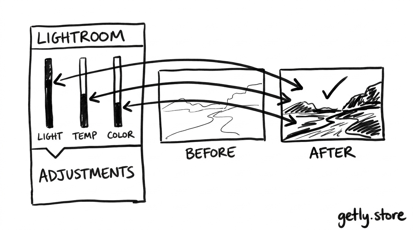 a Lightroom editing panel beside a before-and-after photo, with sliders for exposure, white balance, and saturation pointing to the finished image. Label the sliders "LIGHT", "TEMP", "COLOR"
