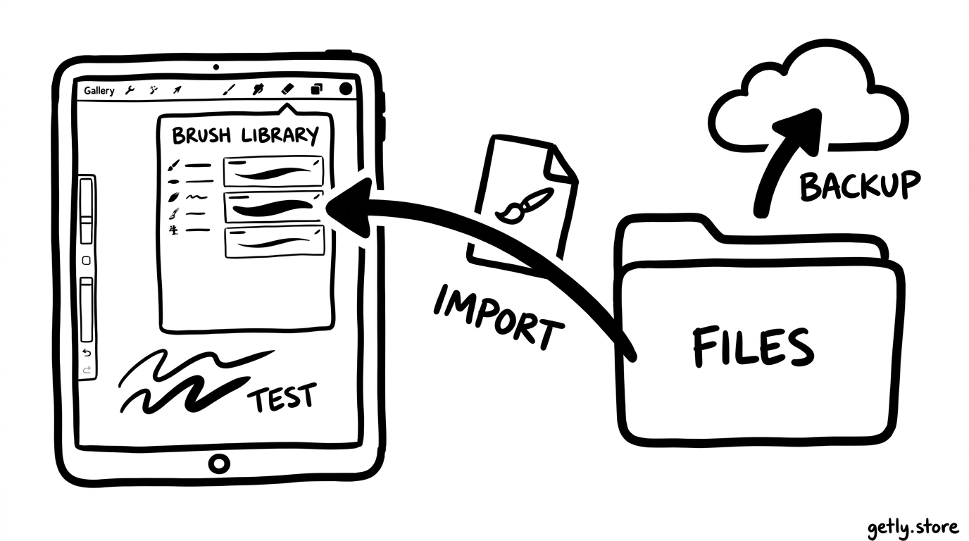 a hand-drawn iPad screen beside a Files folder and a brush file moving along an arrow into a Brush Library, with labels "BACKUP", "IMPORT", "TEST"