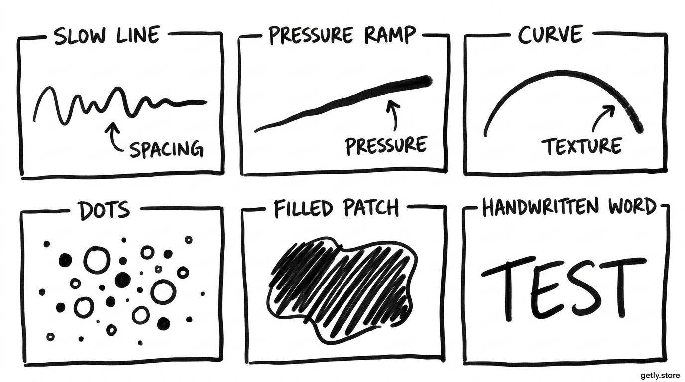 a test sheet with six panels showing a slow line, pressure ramp, curve, dots, filled patch, and handwritten word, with labels "SPACING", "PRESSURE", "TEXTURE"