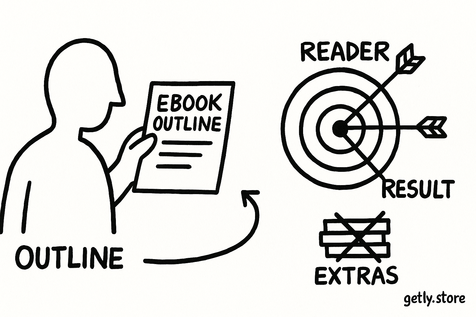 a reader holding a one-page ebook outline beside a target with three arrows labeled "READER", "RESULT", "BOUNDARY" and a small crossed-out stack labeled "EXTRAS"