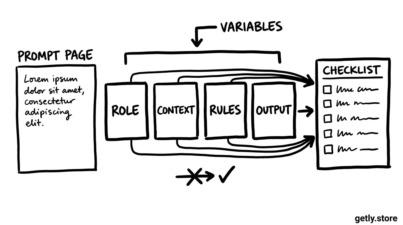 a prompt page beside four labeled cards feeding a checklist, with labels "ROLE", "CONTEXT", "RULES" and "OUTPUT"