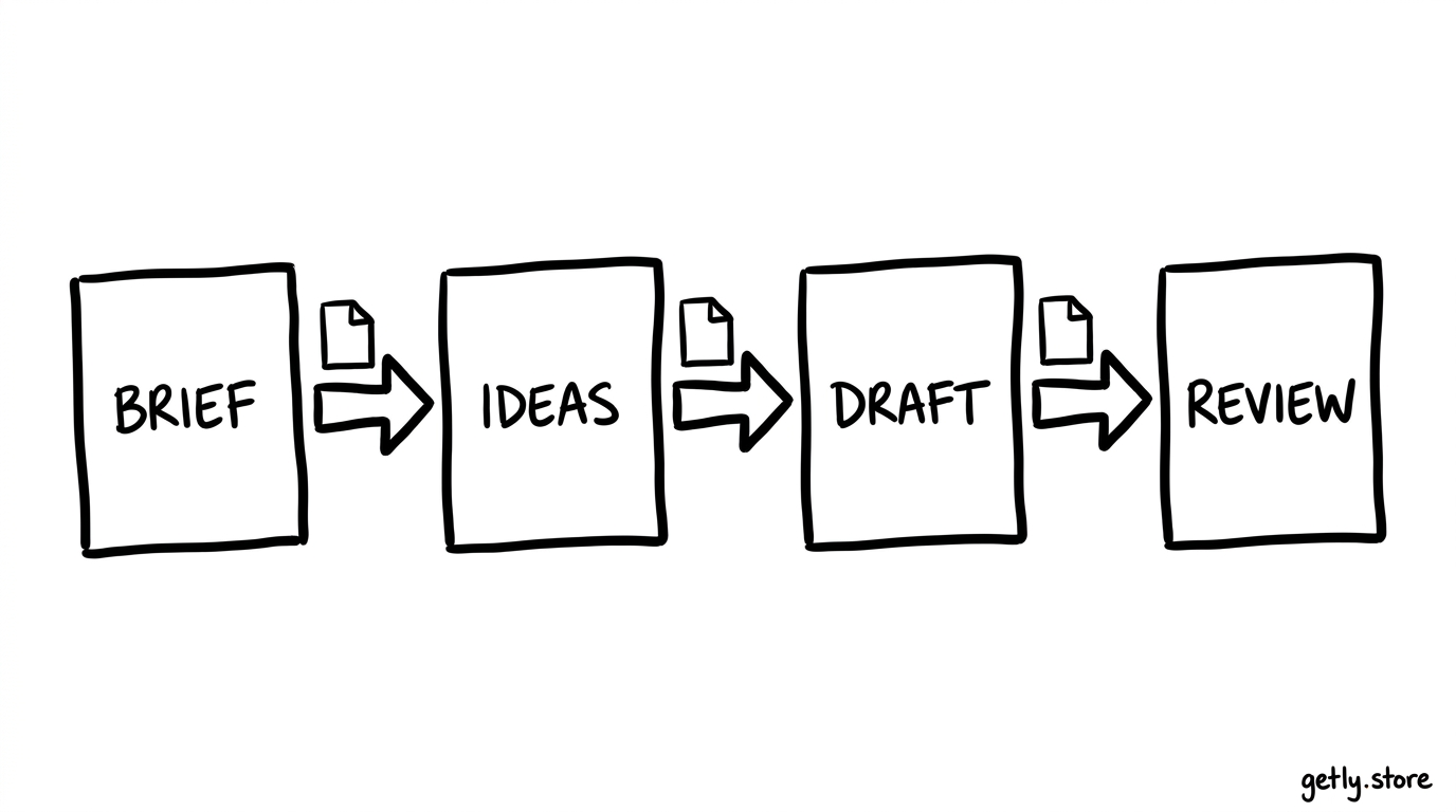 four connected cards labeled "BRIEF", "IDEAS", "DRAFT", "REVIEW" with a document arrow between each card