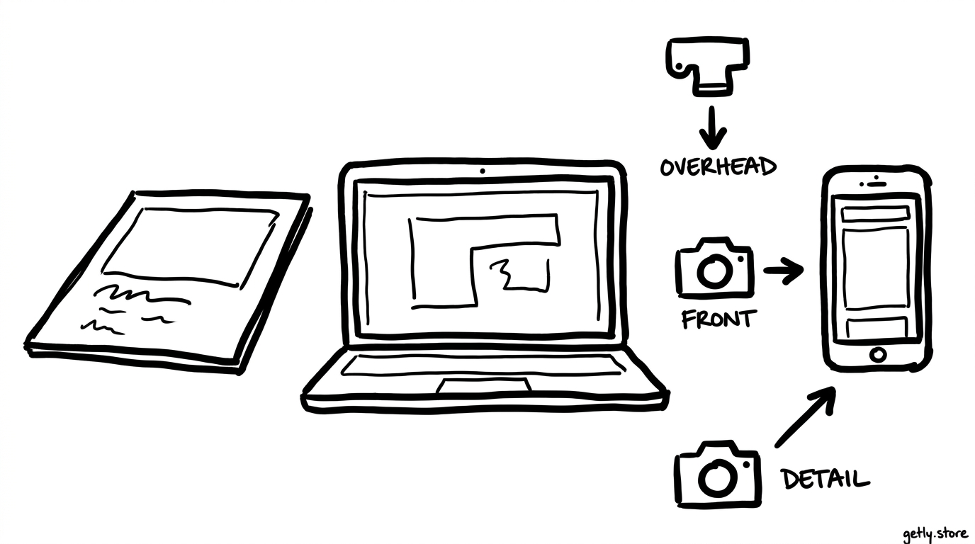 a flat page, laptop screen, and phone arranged beside three camera icons at different heights, with arrows to labels "FRONT", "OVERHEAD", "DETAIL"