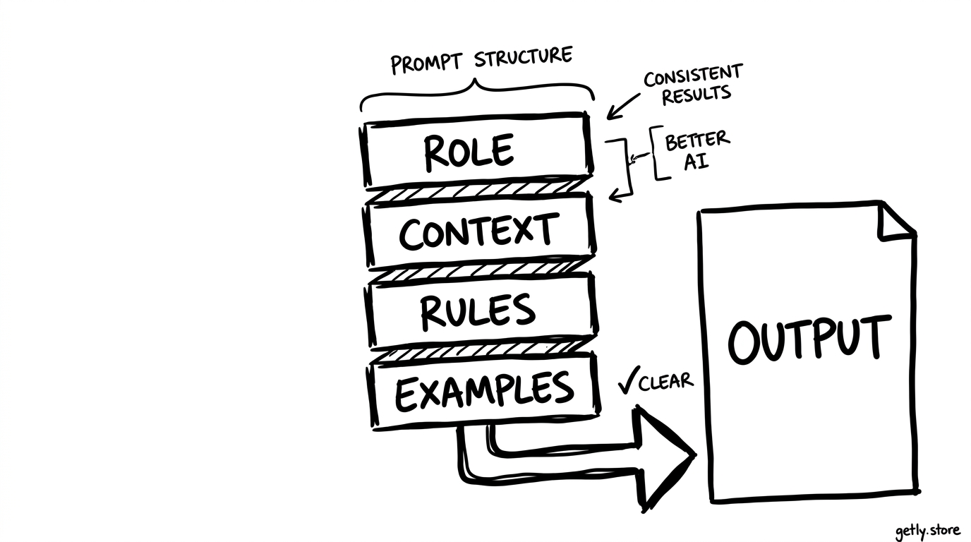 four stacked blocks labeled "ROLE", "CONTEXT", "RULES", "EXAMPLES" with an arrow into a document titled "OUTPUT"