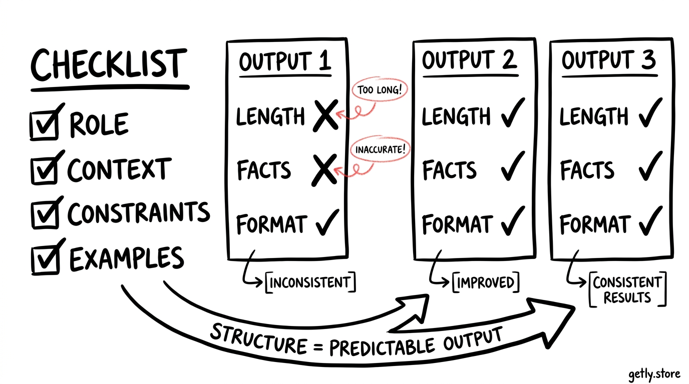 a checklist beside three output cards, with a red pencil correcting "length", "facts", and "format" labels