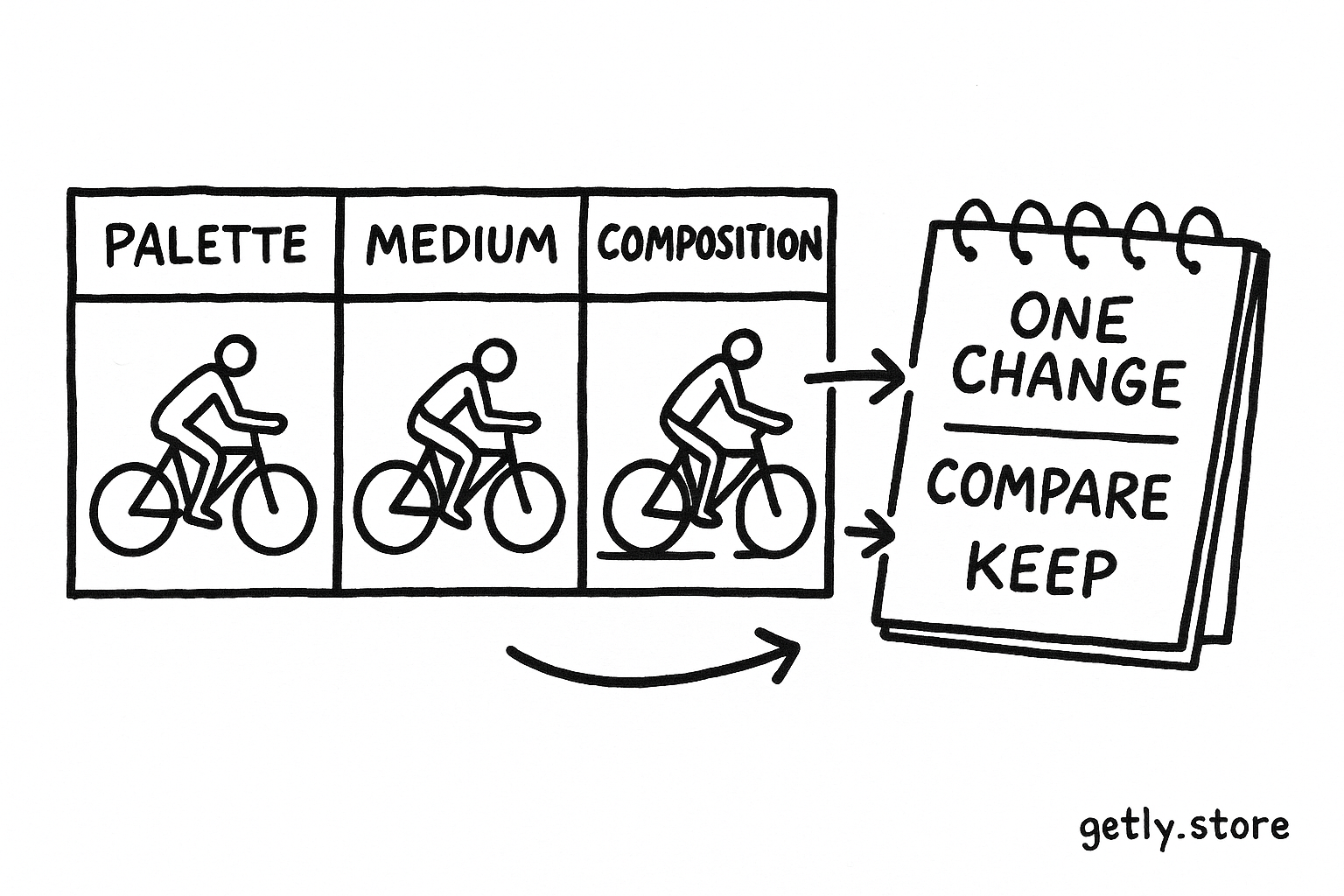 three thumbnail grids showing the same cyclist with changed palette, medium, and composition; arrows point to a notebook with labels "ONE CHANGE", "COMPARE", "KEEP"
