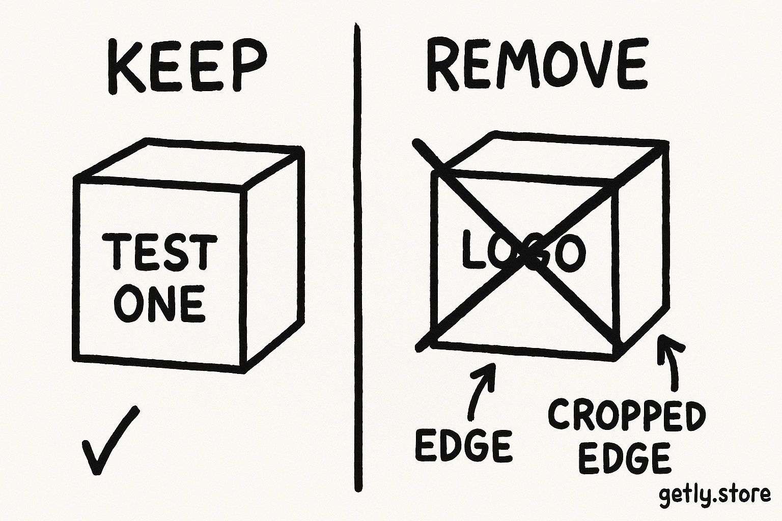 a two-column prompt card with a clean product box on the left and a crossed-out duplicate box, fake logo, and cropped edge on the right, labels "KEEP", "REMOVE", "TEST ONE"