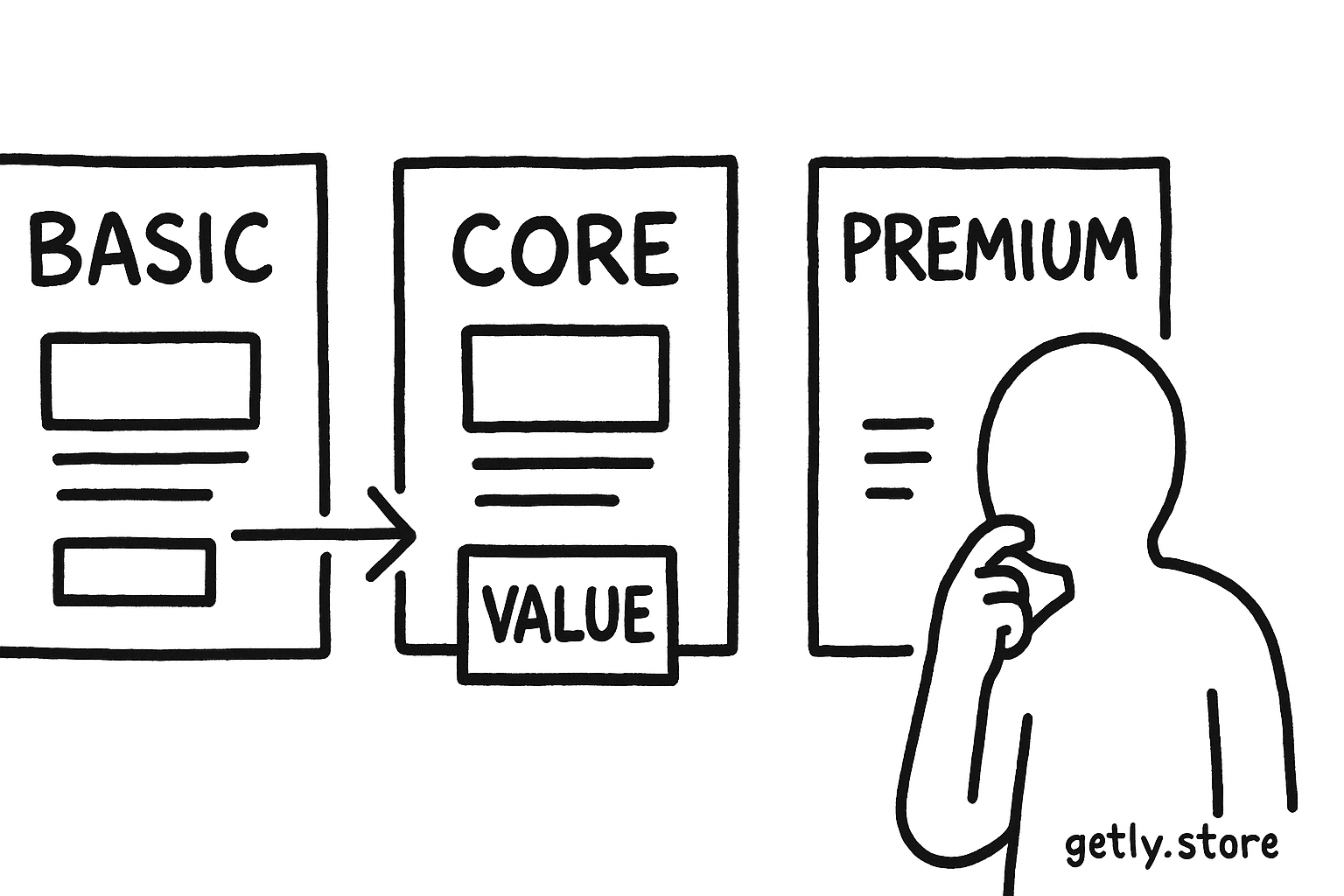 three stacked product cards beside a buyer choosing one, with the middle card highlighted and labels "BASIC", "CORE", "PREMIUM" and an arrow labeled "VALUE"