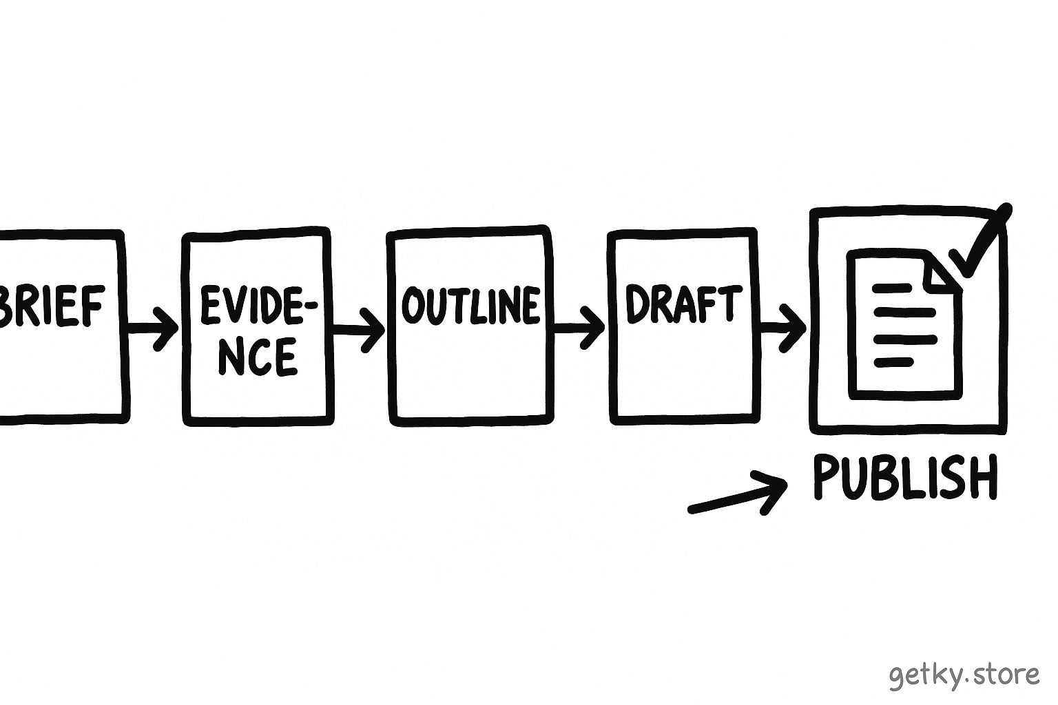 five connected index cards labeled "BRIEF", "EVIDENCE", "OUTLINE", "DRAFT" and "AUDIT" leading into a finished document labeled "PUBLISH"