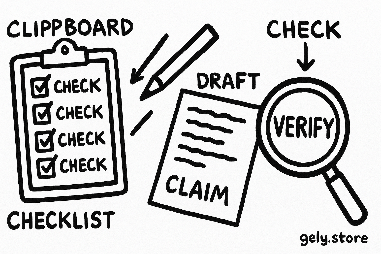 a clipboard with five checked boxes beside a draft page, a red correction pencil, and a magnifying glass labeled "CHECK" over a claim labeled "VERIFY"