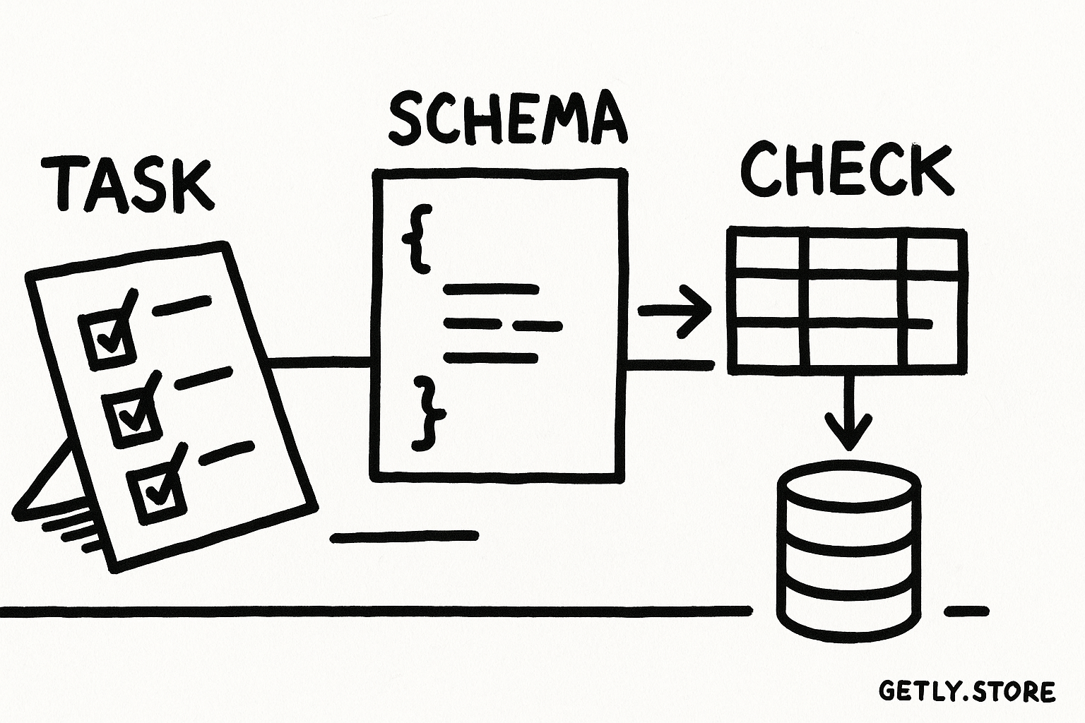 a desk with a checklist, a JSON document, and a markdown table flowing into a small database; labels "TASK", "SCHEMA", "CHECK"