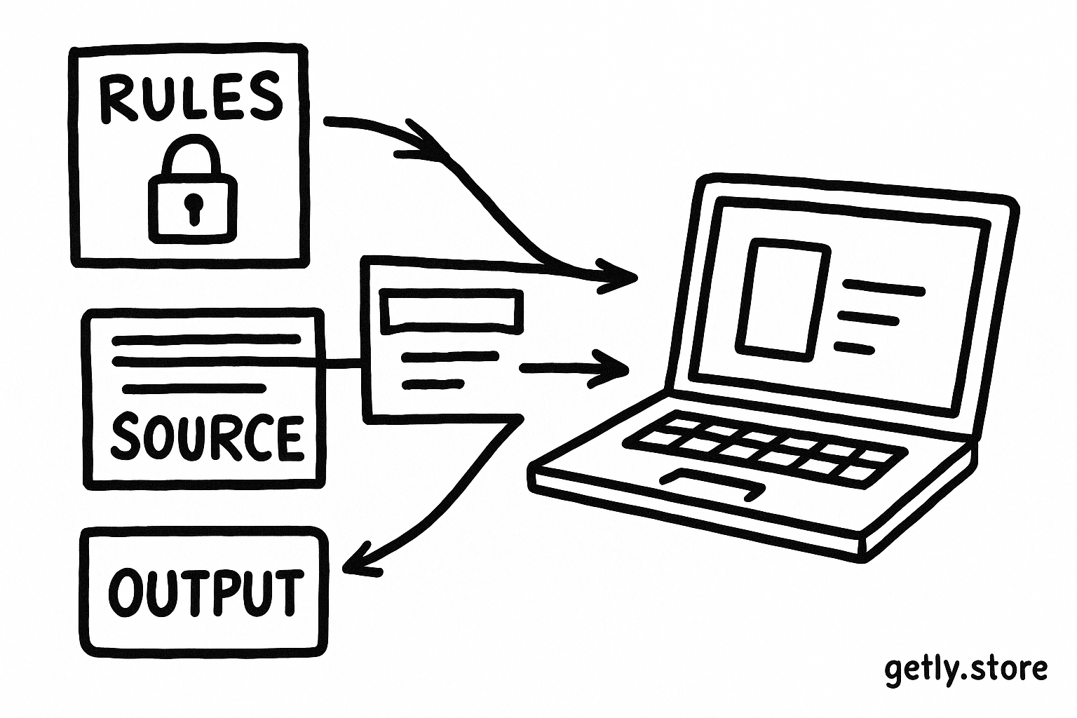 a concept sketch of a prompt with a locked instruction card, a webpage, a PDF, and a chat box flowing through separate labeled lanes into a laptop screen; labels "RULES", "SOURCE", "OUTPUT"