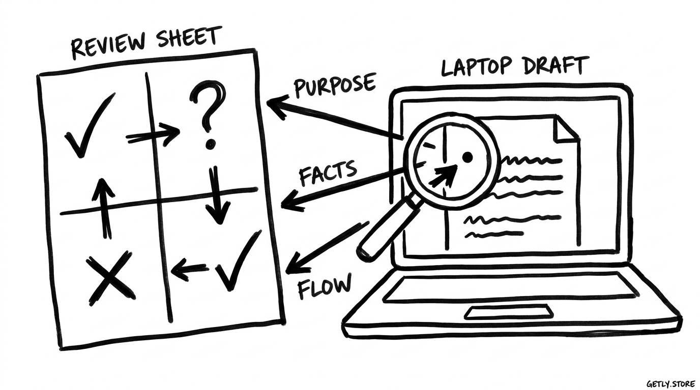 a four-part review sheet beside a laptop draft, with a magnifying glass over a missing bullet and arrows labeled "PURPOSE", "FACTS", "FLOW"