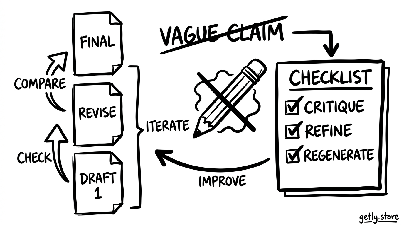 three stacked draft pages labeled "DRAFT 1", "REVISE", "FINAL" beside a checklist, with a pencil crossing out a vague claim and arrows labeled "CHECK", "COMPARE"