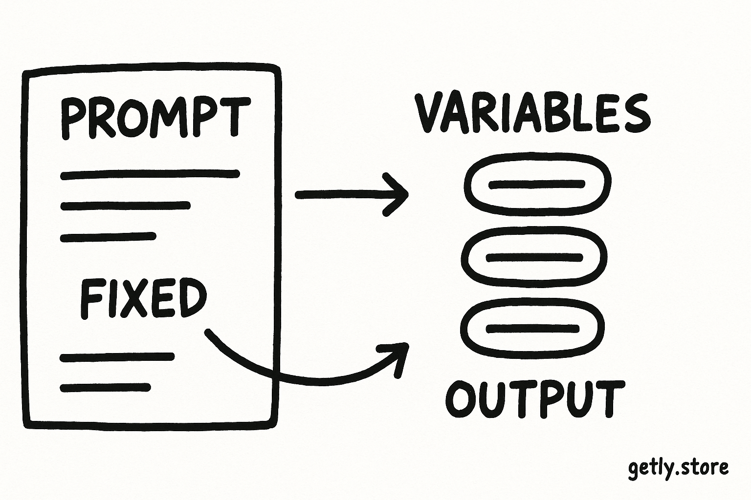 a two-column prompt card with fixed instruction lines on the left and removable variable tags on the right, connected by arrows; labels "FIXED", "VARIABLES", "OUTPUT"