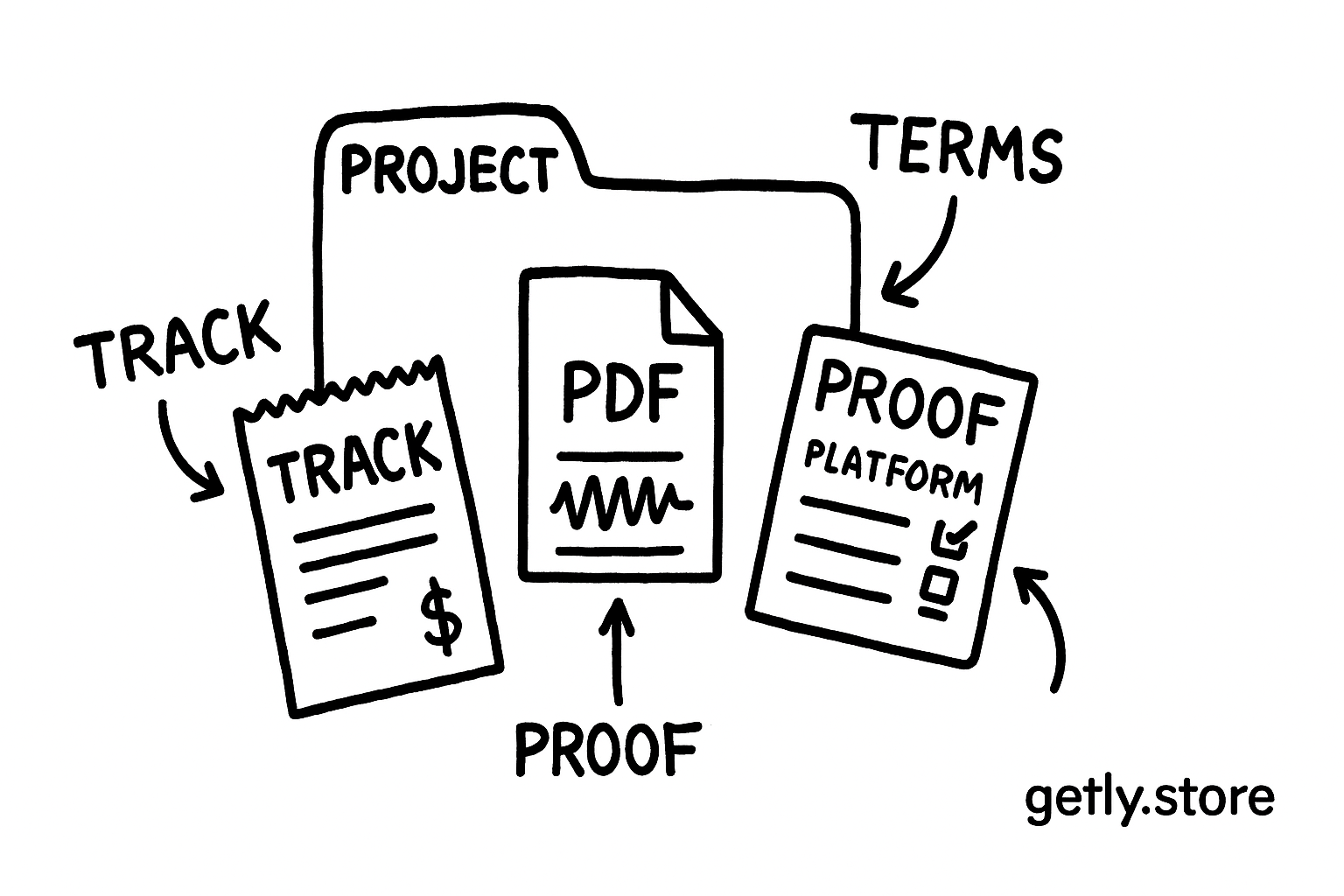 a creator's project folder containing a receipt, license PDF, edited waveform, and platform checklist labeled "TRACK", "TERMS", "PROOF"