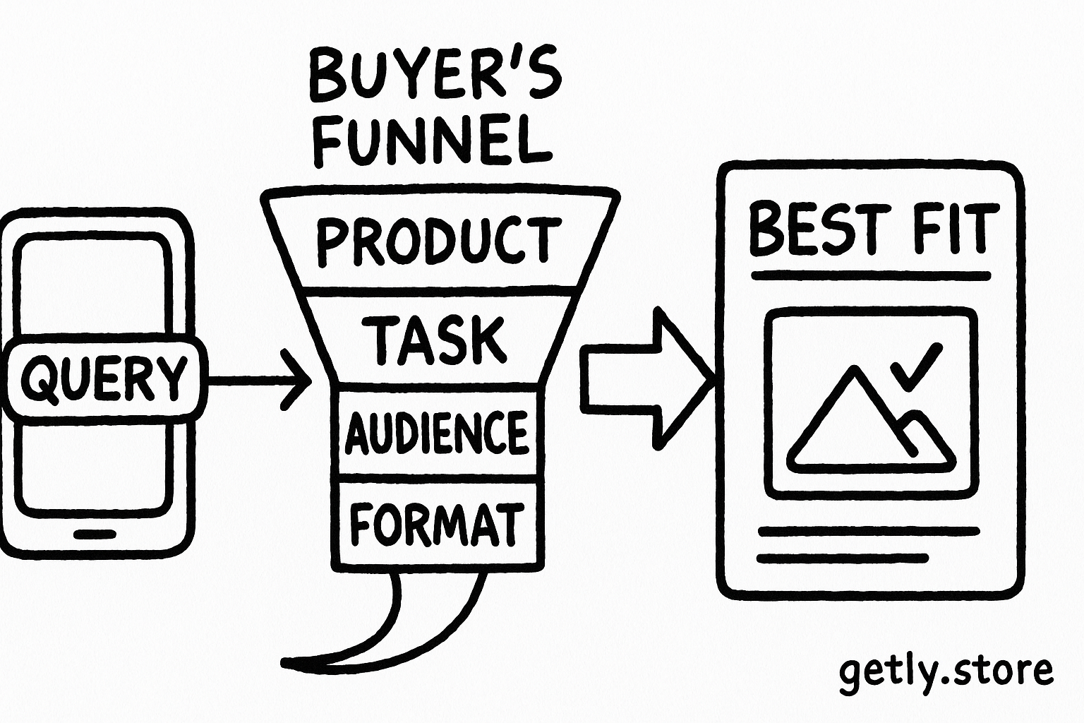 a funnel leading from a buyer's phone search to a digital product card, with four blocks labeled "PRODUCT", "TASK", "AUDIENCE", "FORMAT" and a final label "BEST FIT"