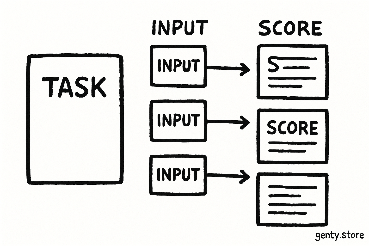 a prompt card beside three input cards feeding three output sheets, with hand-lettered labels "TASK", "INPUT", "SCORE" and a single arrow from each input to an output