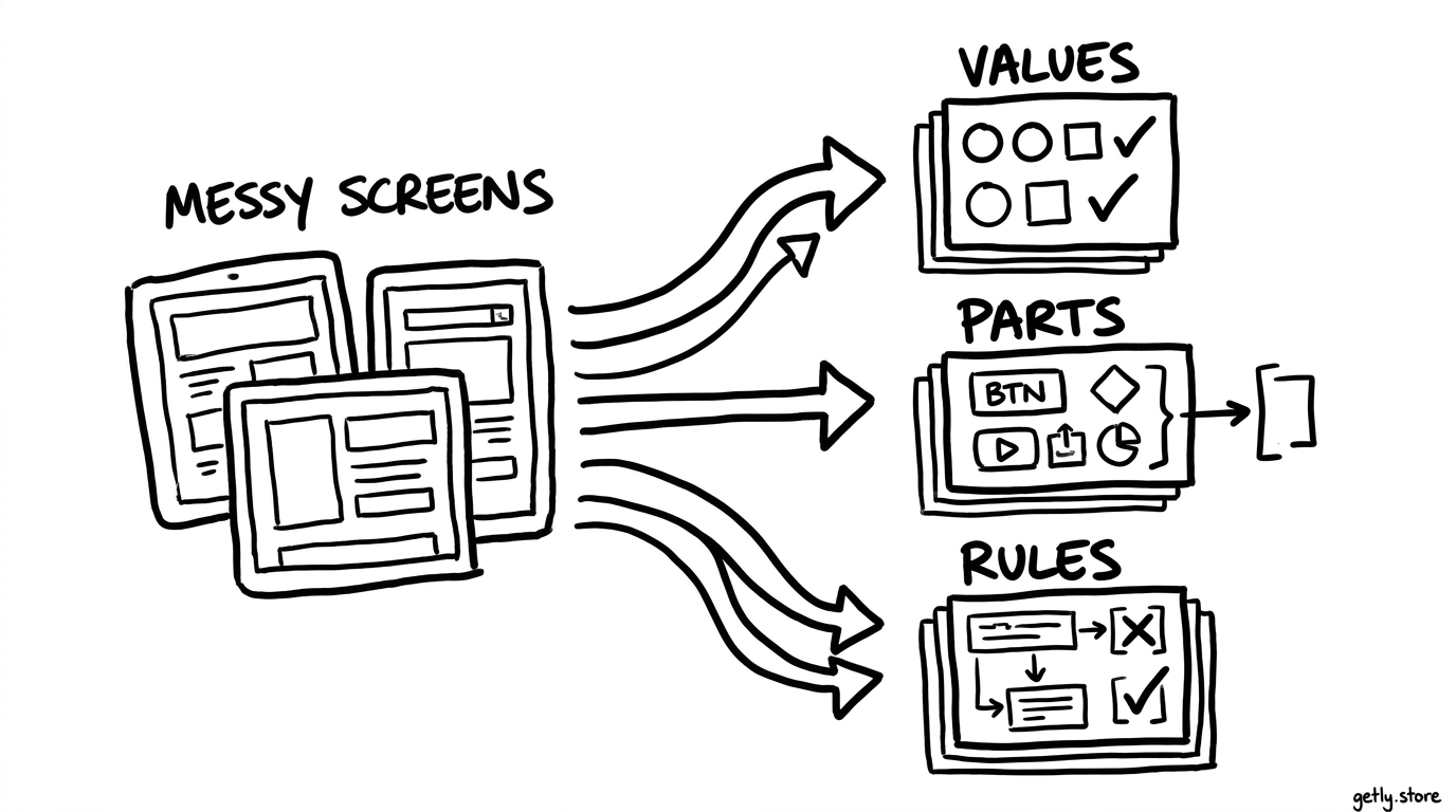 a messy wall of three interface screens feeding into three organized stacks labeled "VALUES", "PARTS", "RULES", with colored swatches, buttons, and arrows
