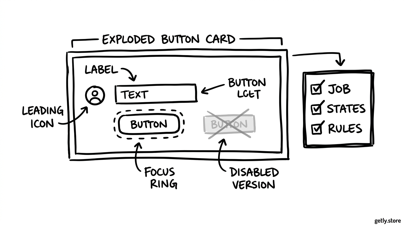 an exploded button card showing a label, leading icon, focus ring, and disabled version beside a small checklist labeled "JOB", "STATES", "RULES"